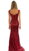 Load image into Gallery viewer, LAHTL3043C Wholesale Off-Shoulder Beaded Corset with Sheer Boned Bodice Fringe Sleeves &amp; Slit - - Long Formal Dress LAH