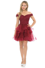 Load image into Gallery viewer, Off-Shoulder Sweetheart Lace Bodice Short Dress with Layered Tulle Skirt for Parties By LAF8130
