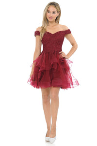 Off-Shoulder Sweetheart Lace Bodice Short Dress with Layered Tulle Skirt for Parties By LAF8130