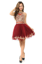 Load image into Gallery viewer, Halter Embroidered Bodice Short Party Dress with Sheer Waistband &amp; Tulle Skirt By LAF8015