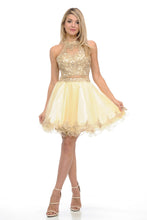 Load image into Gallery viewer, Halter Embroidered Bodice Short Party Dress with Sheer Waistband &amp; Tulle Skirt By LAF8015