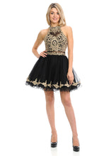 Load image into Gallery viewer, Halter Embroidered Bodice Short Party Dress with Sheer Waistband &amp; Tulle Skirt By LAF8015