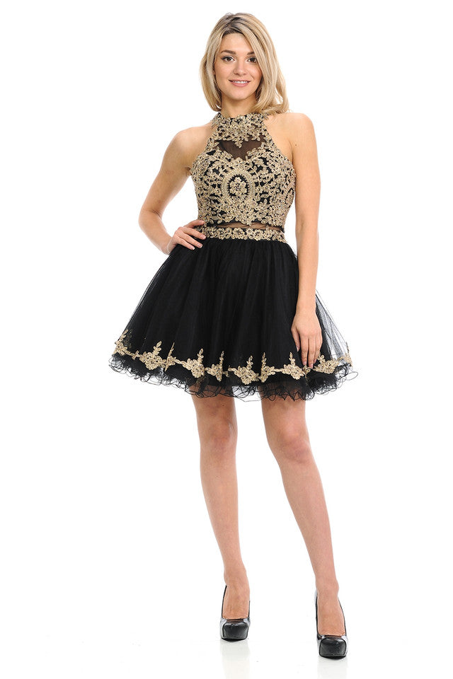 Halter Embroidered Bodice Short Party Dress with Sheer Waistband & Tulle Skirt By LAF8015