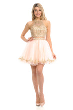 Load image into Gallery viewer, Halter Embroidered Bodice Short Party Dress with Sheer Waistband &amp; Tulle Skirt By LAF8015