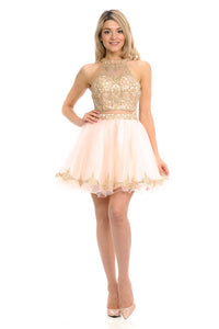 Halter Embroidered Bodice Short Party Dress with Sheer Waistband & Tulle Skirt By LAF8015