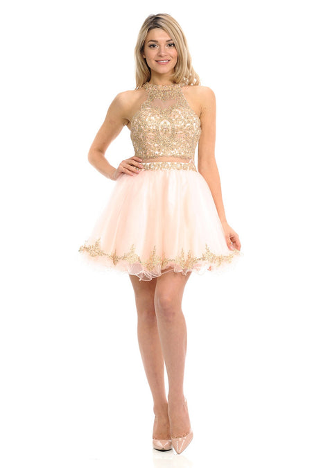Halter Embroidered Bodice Short Party Dress with Sheer Waistband & Tulle Skirt By LAF8015