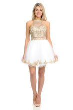 Load image into Gallery viewer, Halter Embroidered Bodice Short Party Dress with Sheer Waistband &amp; Tulle Skirt By LAF8015