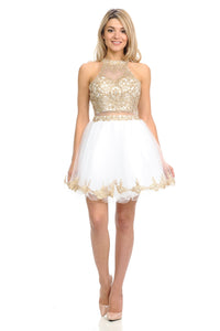 Halter Embroidered Bodice Short Party Dress with Sheer Waistband & Tulle Skirt By LAF8015