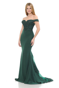 Off-Shoulder Lace Bodice Mermaid Gown with Sheer Back Train for Formal Events By LAF8134
