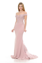 Load image into Gallery viewer, Off-Shoulder Lace Bodice Mermaid Gown with Sheer Back Train for Formal Events By LAF8134