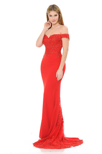 Off-Shoulder Lace Bodice Mermaid Gown with Sheer Back Train for Formal Events By LAF8134