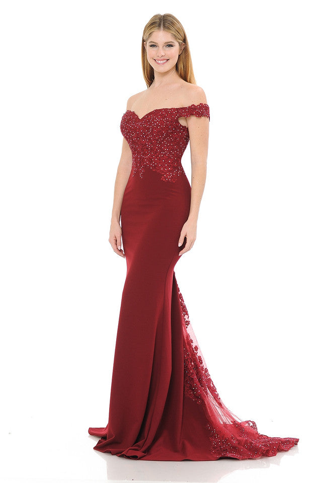 Off-Shoulder Lace Bodice Mermaid Gown with Sheer Back Train for Formal Events By LAF8134