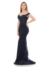 Load image into Gallery viewer, Off-Shoulder Lace Bodice Mermaid Gown with Sheer Back Train for Formal Events By LAF8134