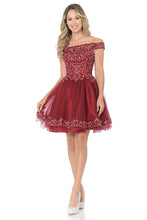 Load image into Gallery viewer, Off-Shoulder Short Tulle Party Dress with Embroidered Bodice Wholesale Cocktail Dress By LAF8141