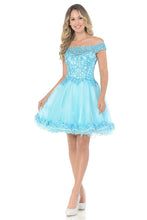 Load image into Gallery viewer, Off-Shoulder Short Tulle Party Dress with Embroidered Bodice Wholesale Cocktail Dress By LAF8141