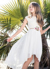 Load image into Gallery viewer, Girls Ivory High Low Dress with Lace Bodice and Floral Belt-Girls Formal Dresses-ABC Fashion