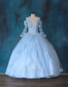 Load image into Gallery viewer, LA Merchandise LAZKY229 Girls Beaded Lace Cold Shoulder Long Bell Sleeve Ball Gown - Bahama Blue - Girls Formal Dresses LAZ