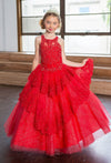 Load image into Gallery viewer, LA Merchandise LAZKY224 Girls Beaded Lace Tiered Glitter Tulle A-Line Gown