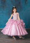Load image into Gallery viewer, LA Merchandise LAZKY223 Girls Embroidered Cold Shoulder Layered Glitter Tulle Gown
