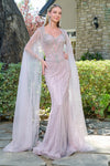 Load image into Gallery viewer, Wholesale Beaded Sequin Fitted Prom Dress with Cape Sleeves Floor-Length Dress by LAS3664 - DUSTY ROSE - Long Prom Dress LAS