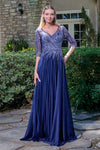 Load image into Gallery viewer, Wholesale V-Neck 1/2 Illusion Sleeve Beaded A-Line Glitter Formal Evening Gown by LAS3739 - NAVY - Mother of he Bride Dress LAS