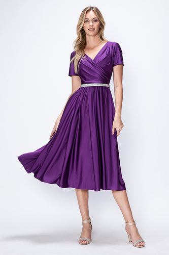 LA Merchandise LAF5274 V-Neck Short Sleeve Midi Dress with Rhinestone Waistband and Pockets