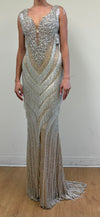 Load image into Gallery viewer, Terani Couture 251GL4345 Clearance Silver Nude Size 4 Wholesale Elegant Fitted Long Evening Gown – Silvee - - Dress Terani Couture