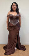 Load image into Gallery viewer, Wholesale Off Shoulder Beaded Corset Satin Evening Gown with Lace-Up Back &amp; Thigh Slit by LA8227 - - Prom Dress LA Merchandise