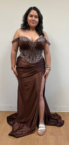 Load image into Gallery viewer, Wholesale Off Shoulder Beaded Corset Satin Evening Gown with Lace-Up Back &amp; Thigh Slit by LA8227 - - Prom Dress LA Merchandise