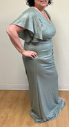 Load image into Gallery viewer, Metallic V-Neck Flutter Sleeve Evening Gown with Ruched Waist and High Slit Wholesale Formal Dress By LAF5329 - - Dress LAF