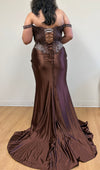 Load image into Gallery viewer, Wholesale Off Shoulder Beaded Corset Satin Evening Gown with Lace-Up Back &amp; Thigh Slit by LA8227 - - Prom Dress LA Merchandise