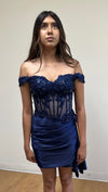 Load image into Gallery viewer, Wholesale Off-Shoulder Corset Mini Cocktail Dress Satin Beaded Lace Party Dress by LA2213 - - Short Cocktail Dresses LA Merchandise