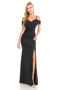 Shiny Off Shoulder Long Gown - LN5213 - BLACK - LA Merchandise