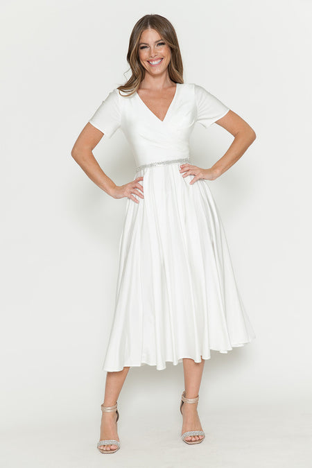 LA Merchandise LAF5274 V-Neck Short Sleeve Midi Dress with Rhinestone Waistband and Pockets
