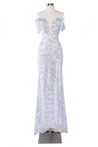 White Full Sequined Long Gown - LAEL2724 - WHITE - Dress LA Merchandise