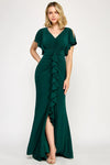 Cargar imagen en el visor de la galería, LAF8376 Wholesale Mother of the Bride Long Evening Gown with V-Neck Flutter Sleeves &amp; Slit - HUNTER GREEN - Mother of the Bride Dress LAF