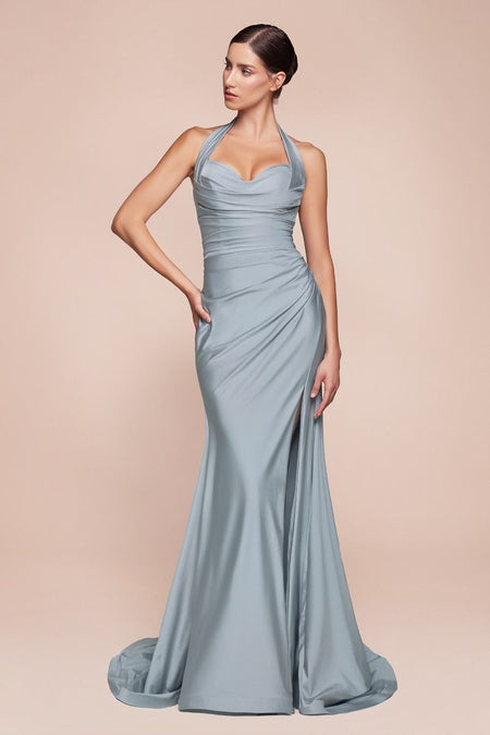 Wholesale Plus Size Satin Halter Evening Gown with Ruched Bodice and Slit By LAR796C