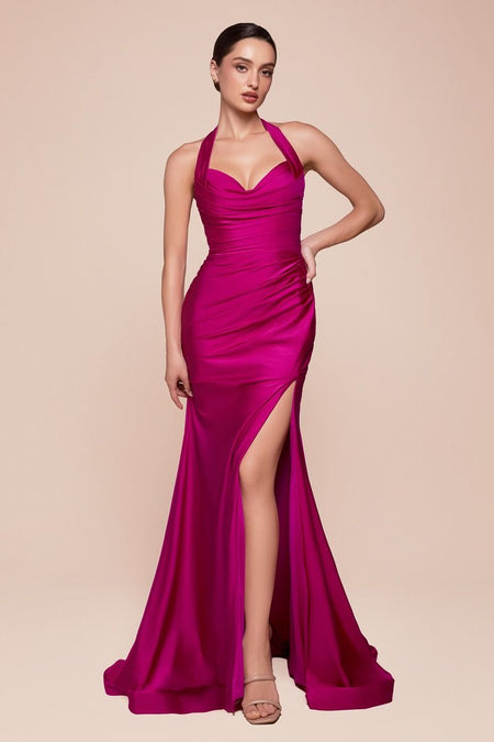 Wholesale Plus Size Satin Halter Evening Gown with Ruched Bodice and Slit By LAR796C