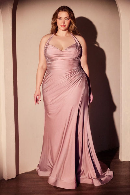 Wholesale Plus Size Satin Halter Evening Gown with Ruched Bodice and Slit By LAR796C