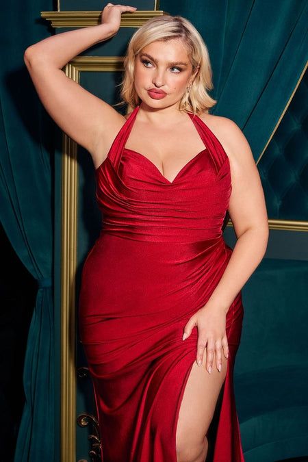 Wholesale Plus Size Satin Halter Evening Gown with Ruched Bodice and Slit By LAR796C