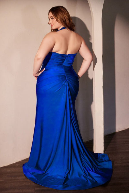 Wholesale Plus Size Satin Halter Evening Gown with Ruched Bodice and Slit By LAR796C