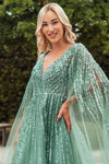 Load image into Gallery viewer, Wholesale Mother of the Bride Long Sequin Gown with Sheer Cape Sleeves, Illusion Bodice &amp; A-Line Skirt by LAS3494