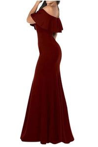 La Merchandise LAY8146 Off Shoulder Ruffled Simple Bridesmaids Dress - BURGUNDY - Dress LA Merchandise