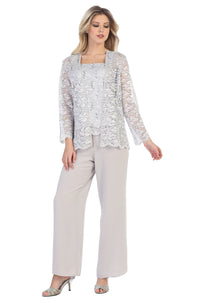 La Merchandise SF8850 Long Sleeve Jacket Lace & Chiffon MOB Pants Set - Silver - LA Merchandise