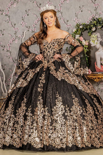 LA Merchandise LAS3184 Off-Shoulder Quinceañera Ball Gown with Glitter Tulle and Embroidered Appliqué Long Sleeve Princess Dress for Sweet 16