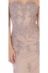 Strapless lace applique & rhinestone long mesh dress- LA1585 - - LA Merchandise