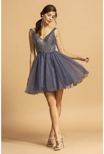 La Merchandise LAES2114 Sleeveless Open Back Short Mesh Prom Dress - Slate/Gray - LA Merchandise