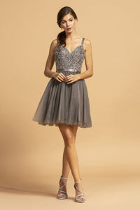 La Merchandise LAES2120 Double Shoulder Straps Rhinestone Short Dress - Charcoal - LA Merchandise