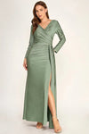 Load image into Gallery viewer, LAF3129 Wholesale Long Sleeve Satin Wrap Gown with Slit Ruched Surplice V-Neck Maxi Dress