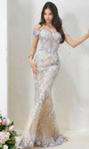 Load image into Gallery viewer, Terani Couture 232GL1493 Clearance Cream-Nude Size 6 Wholesale Off-Shoulder Embroidered Mermaid Evening Gown